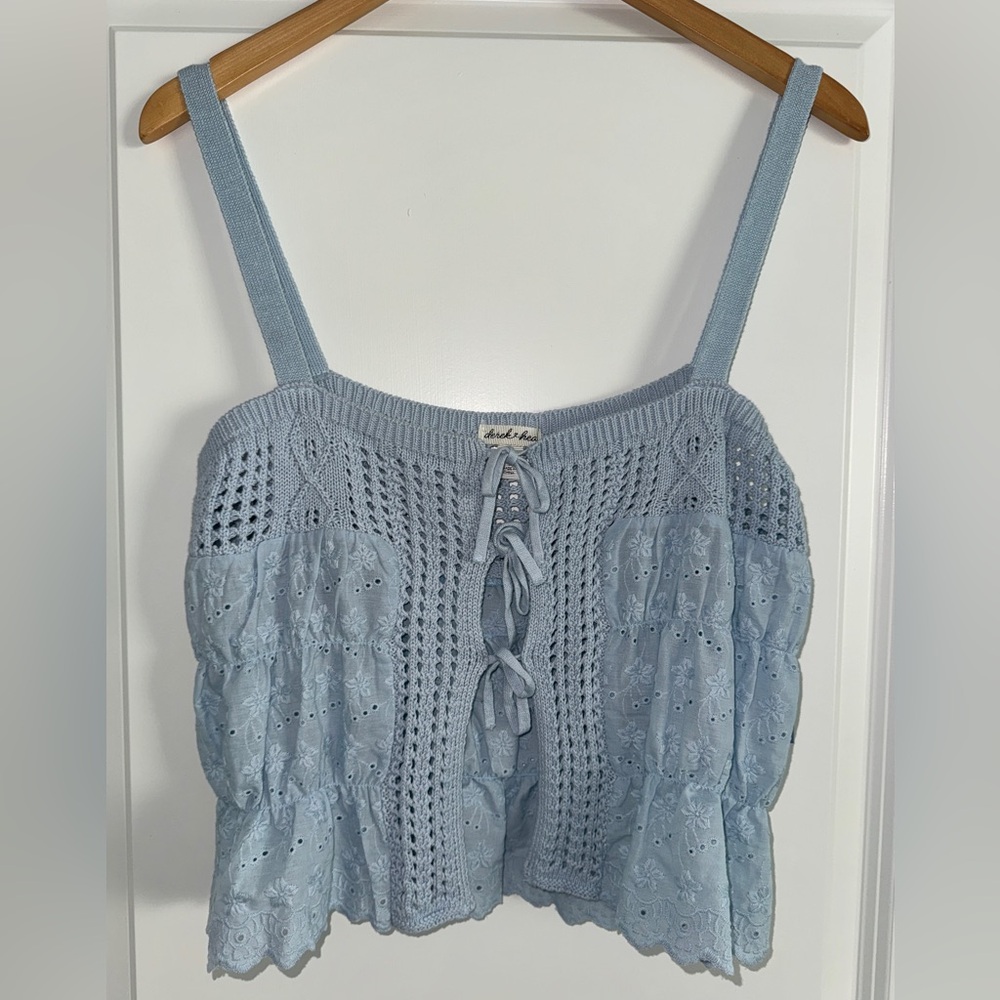 Derek Heart Light Blue Eyelet Crochet Tie-Front Tank